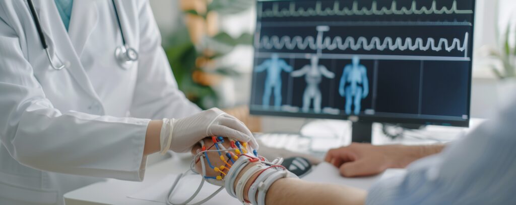 NCV test setup evaluating nerve conduction in patient arm