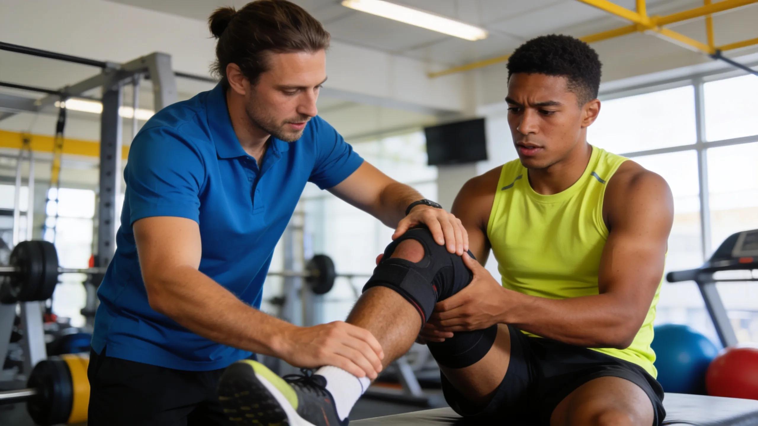 Athlete receiving physical therapy for sports injury recovery, emphasizing rehabilitation and teamwork