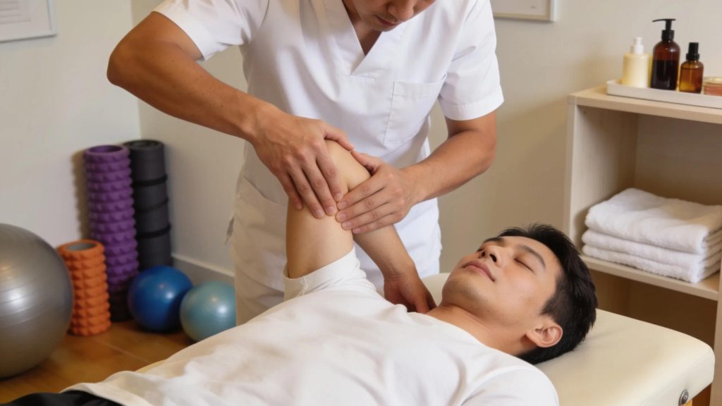 Therapist engaged in manual therapy techniques for patient recovery in a therapeutic setting