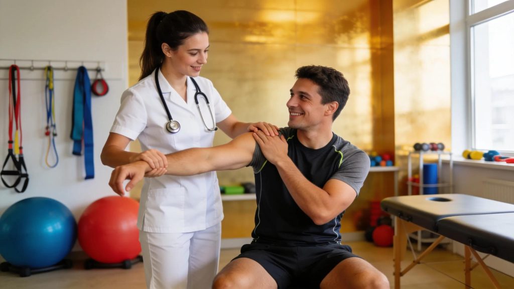 Physical therapist guiding a patient through advanced therapy techniques in a modern rehabilitation clinic