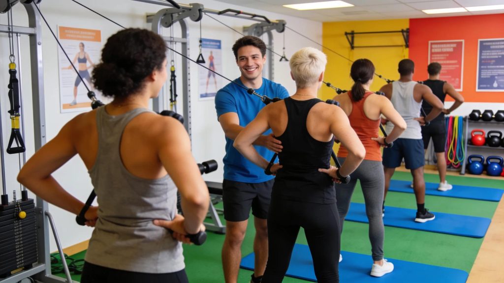 Diverse group participating in a back-focused exercise class, highlighting non-surgical treatment community