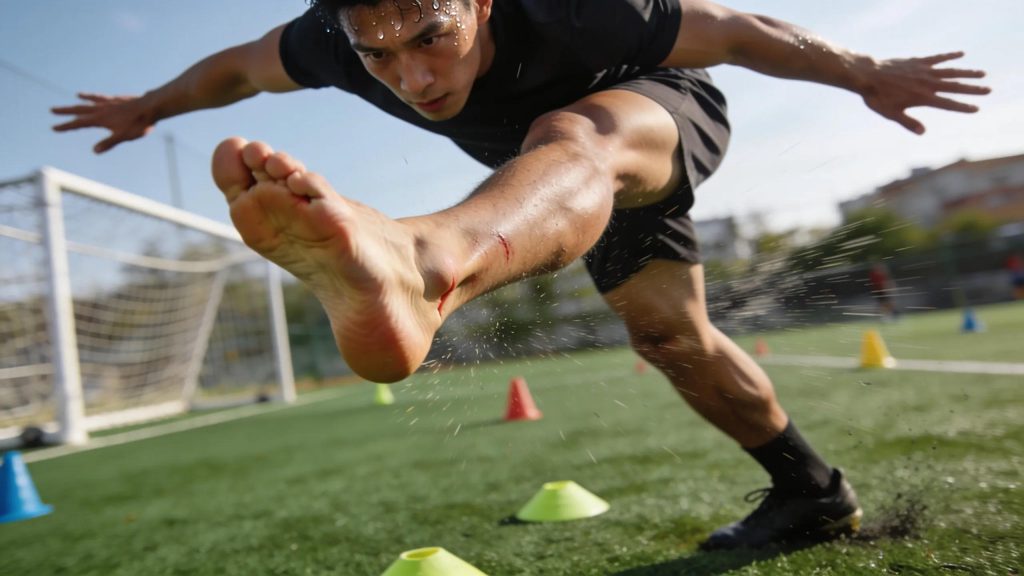 Athlete demonstrating actions in a sports setting, emphasizing common sports injury occurrences like ankle sprains