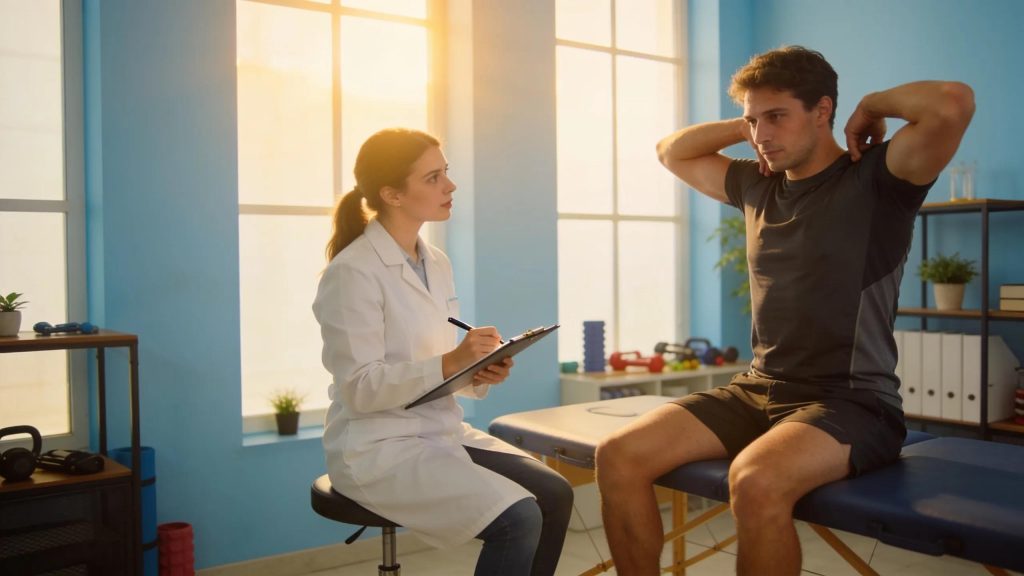 Physical therapist assessing a patient during the first session, emphasizing the therapeutic process and patient care.