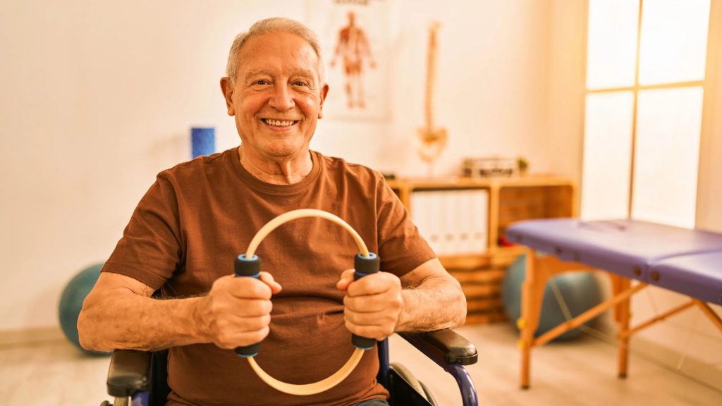 Smiling patient post-physical therapy session, showcasing positive outcomes of orthopedic treatment