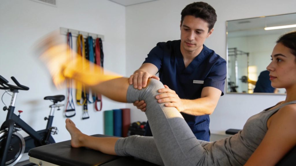 Physical therapist guiding a patient through rehabilitation exercises, emphasizing hands-on support and personalized treatment.