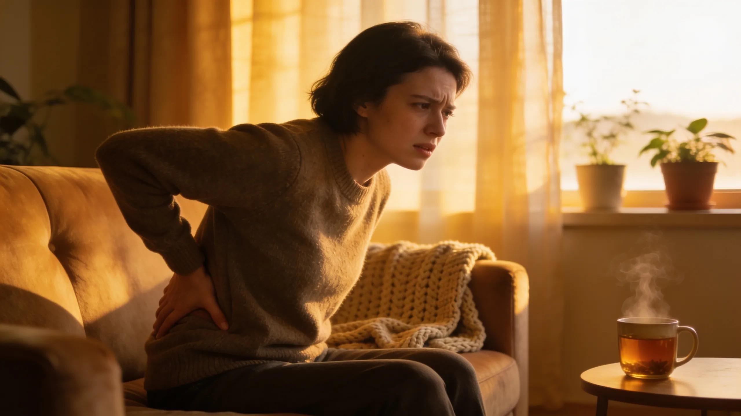 Person in a cozy home setting, visibly distressed by persistent pain, representing the challenges of chronic pain management.