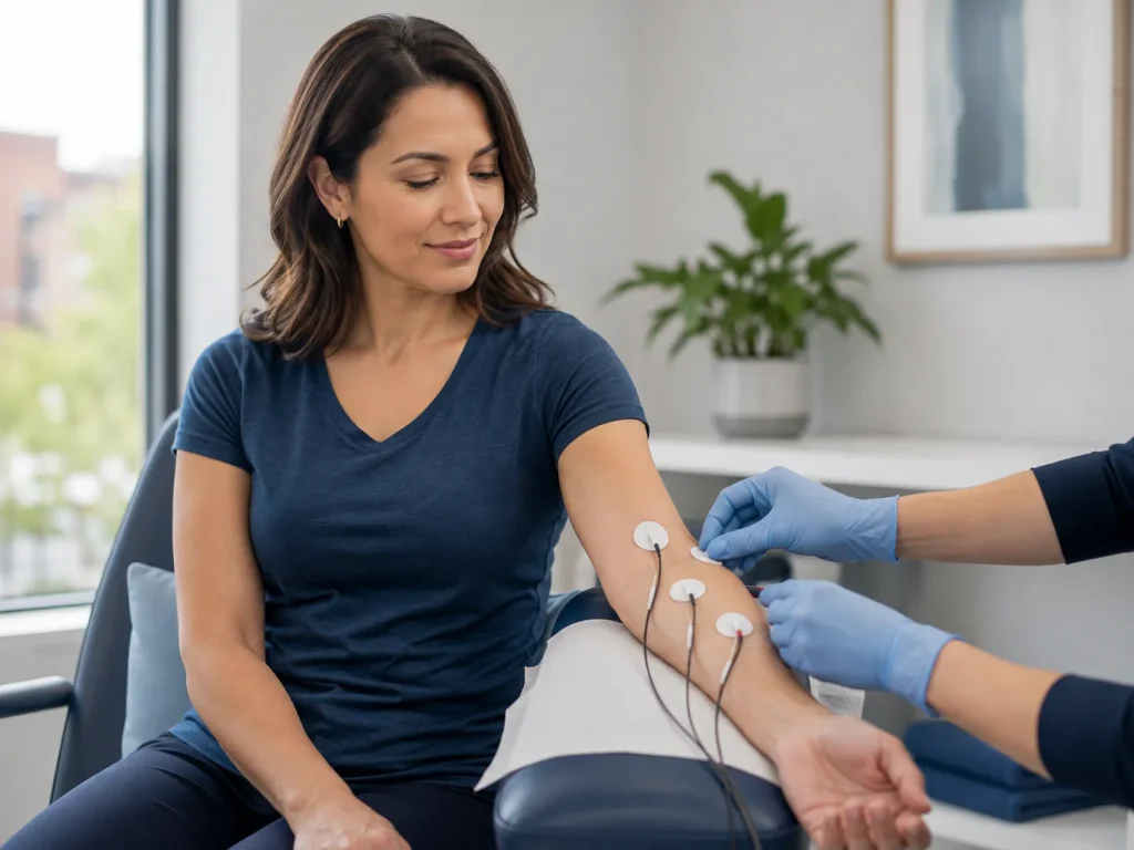 Person preparing for an EMG test by wearing comfortable clothing