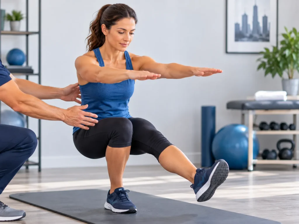 Runner doing a guided single-leg strengthening exercise, therapist's hands steadying off-frame