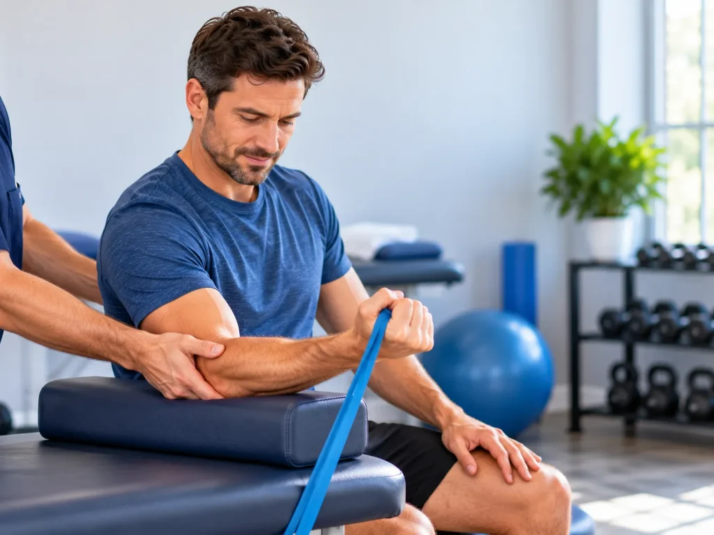 Patient doing a guided forearm strengthening exercise, therapist's hands assisting off-frame.