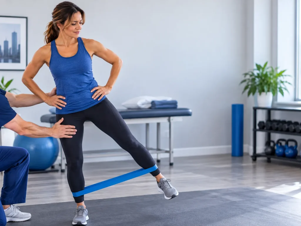 Patient doing a guided standing hip exercise, therapist's hands assisting off-frame.