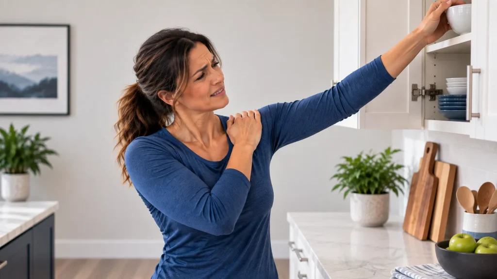 A woman raising her arm to grab something and experiencing pain