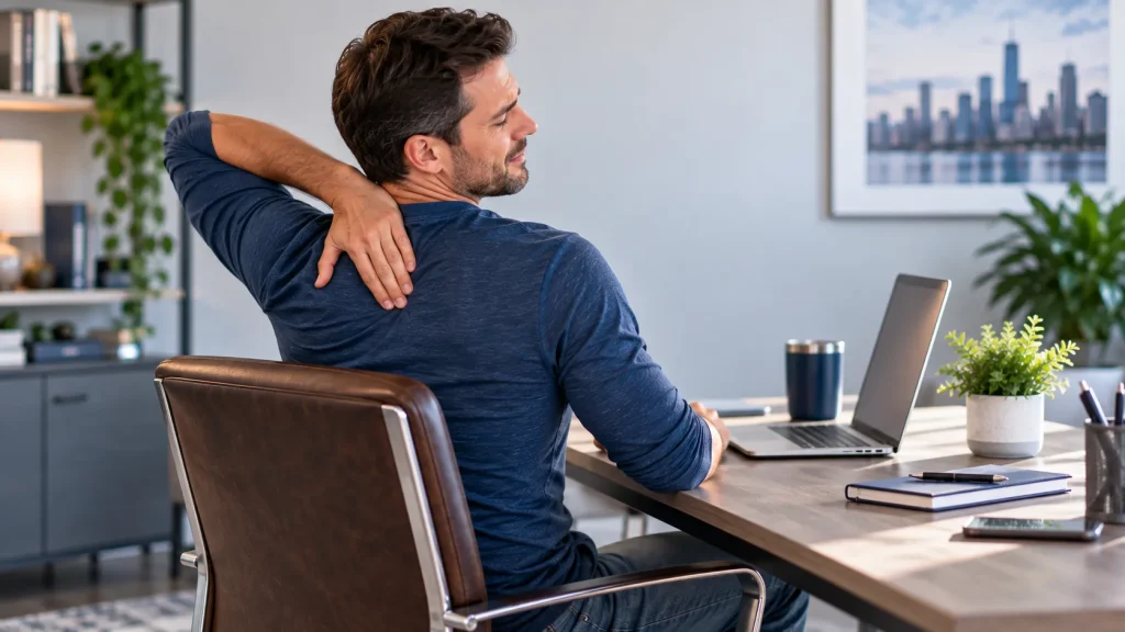 A man sitting at a desk experiencing upper back pain