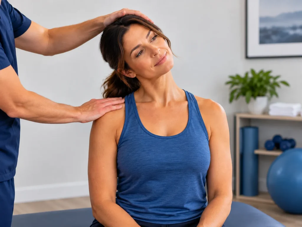 Patient doing a gentle guided neck movement, with a therapist's hands assisting off-frame.