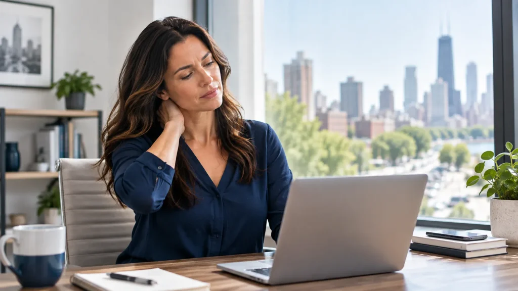 Adult at a desk easing a stiff neck, showing everyday neck pain.