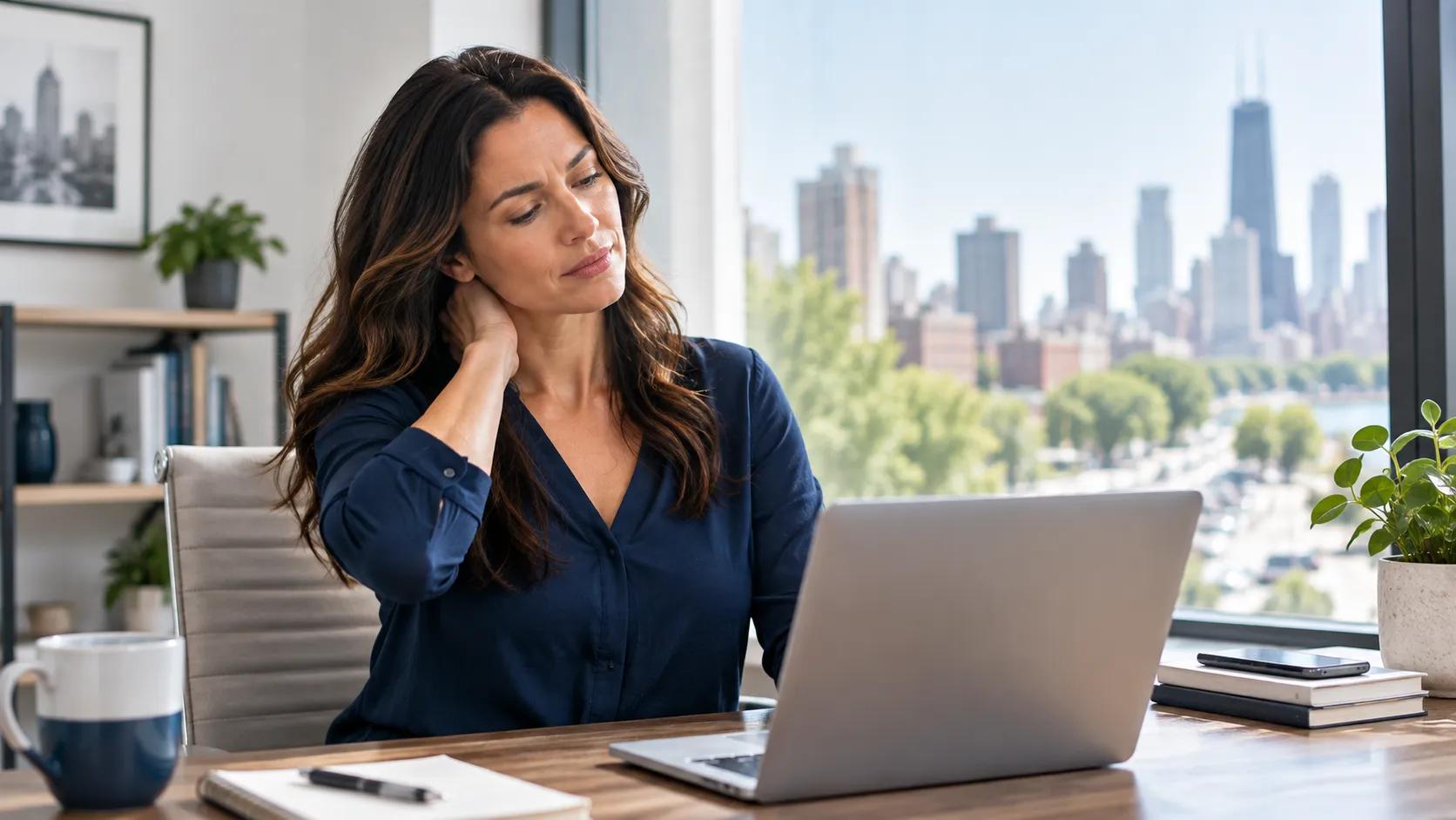 Adult at a desk easing a stiff neck, showing everyday neck pain.