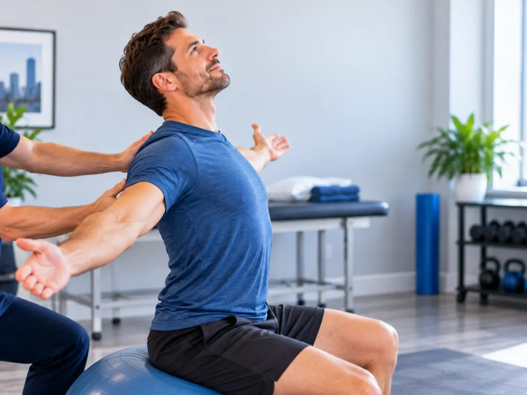 Patient doing a gentle guided mid-back mobility movement, therapist's hands assisting off-frame.