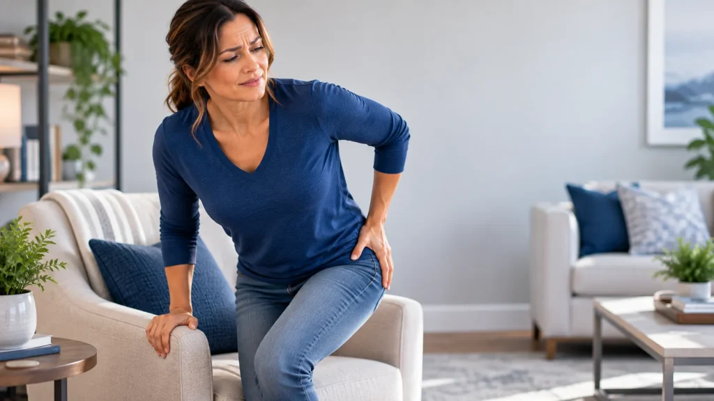 A woman standing up from sitting with pain in her hip.
