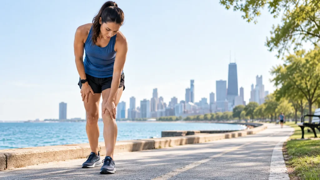 Runner paused on a Chicago path resting a hand on the knee, showing knee pain from running.