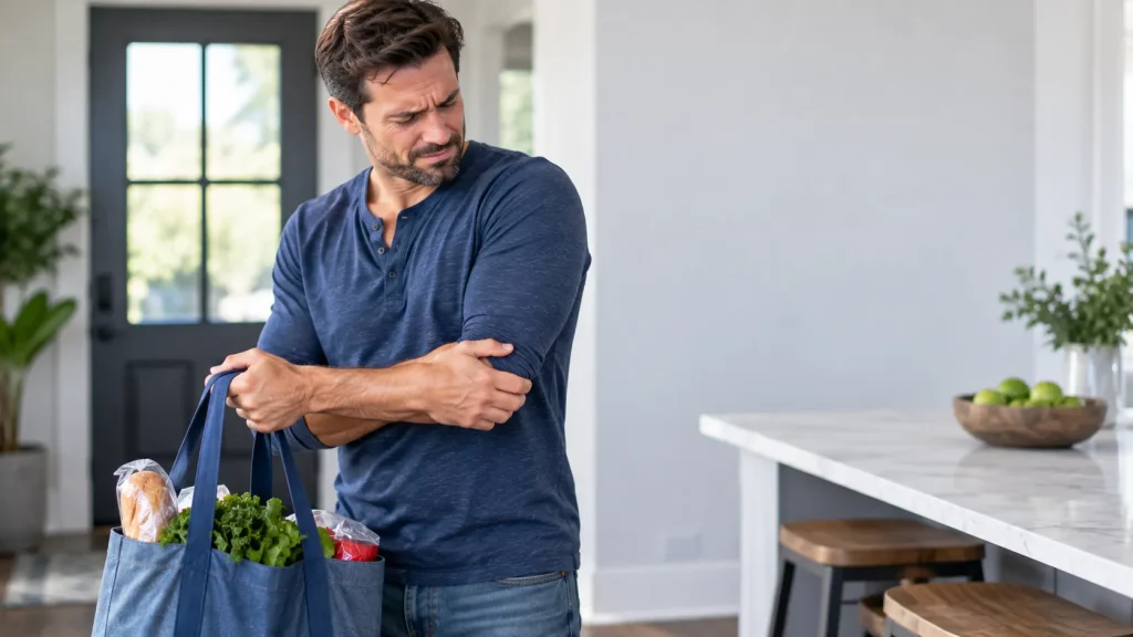 A man holding a bag and experiencing elbow pain.